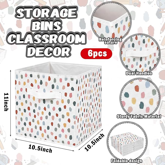 6 Pcs 11 Inch Polka Dots Fabric Storage Cube Bin Woven Foldable Storage Cubes for Classroom Basket Bin Classroom Organizer with Handle Decor for Organizing Clothes, Toy, Book