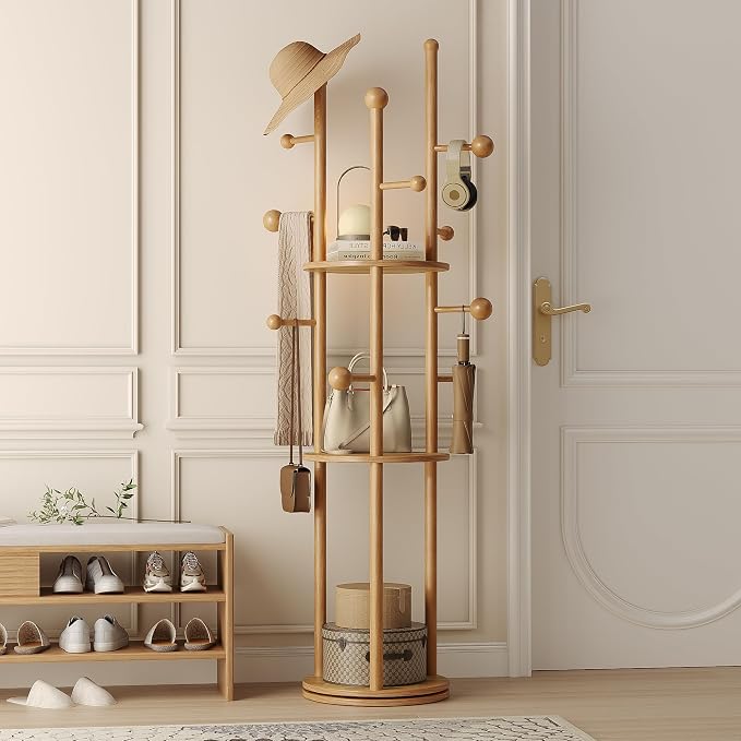 FROMJBEST Coat Rack Freestanding,Coat tree Entryway,Mid-Century,Nature Wood | Freestanding, Solid Wood, 9 Hooks & 3 Shelves, for Entryway, Hallway, Bedroom, Living Room, Office, Holds Bags, Hats, Purses