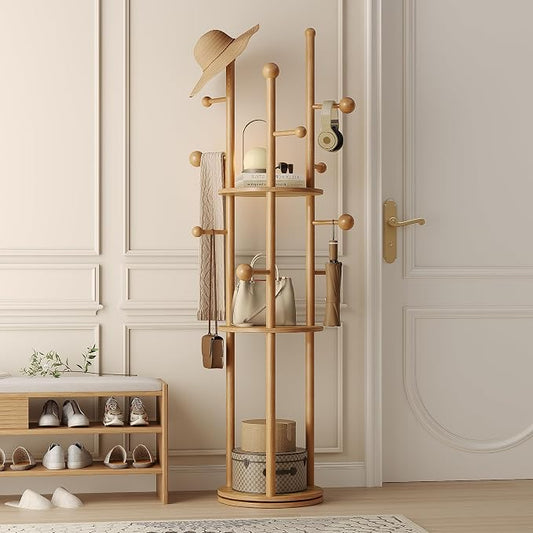 FROMJBEST Coat Rack Freestanding,Coat tree Entryway,Mid-Century,Nature Wood | Freestanding, Solid Wood, 9 Hooks & 3 Shelves, for Entryway, Hallway, Bedroom, Living Room, Office, Holds Bags, Hats, Purses