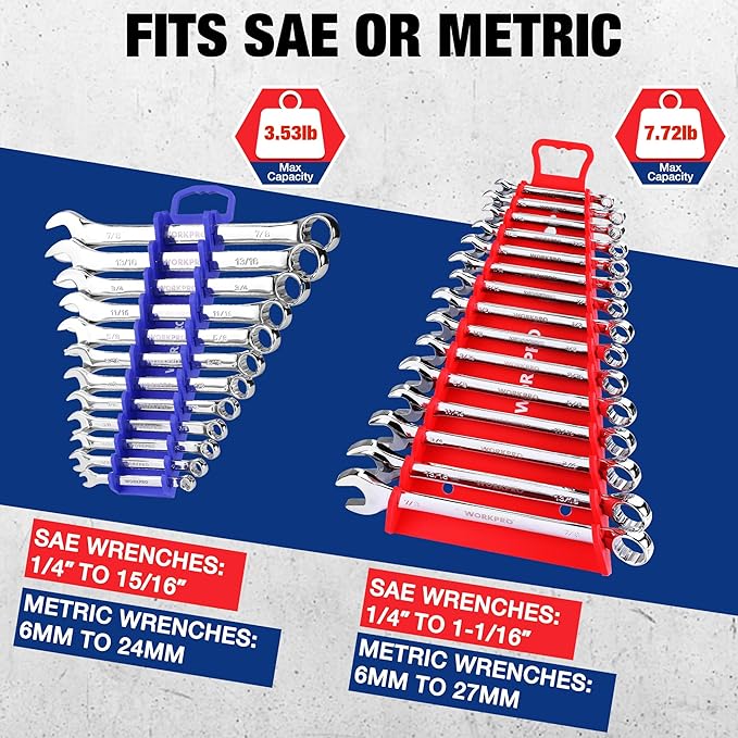 WORKPRO 4-Pack Magnetic Wrench Organizer,15-Slot and 12-Slot Gripper Holder | for Tool Boxes, Flexible Gripping Teeth and Carrying Handle, Fit for SAE and Metric, Blue, Red