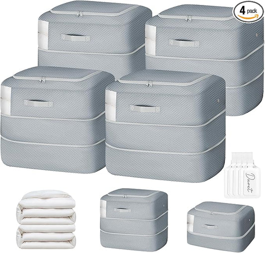 Comforter Storage Bag - 110L Large Capacity Blanket Storage Bags 2-Layer Ultra Space Saving Self Compression Organizer, Washable Compression Bags for Storage Comforter Blanket, 4-Pack, Grey