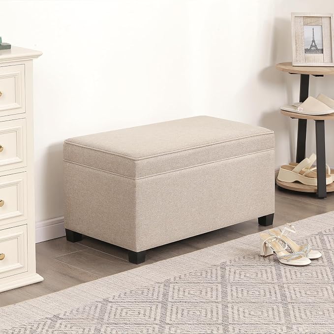 Adeco 31 Inches Storage Ottoman Bench, Non-Folding End of Bed Foot Rest Stools Ottoman with Thicker Foam Padded Seat, Upholstered Storage Chest for Living Room, Entryway, Bedroom