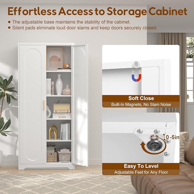 UNICOLY 71" Tall Storage Cabinet, Metal Kitchen Pantry Storage Cabinets | Pantry Cabinet with Doors and 4 Shelves，White Cabinets for Laundry Room, Living Room, Dinning Room, Assembly Required