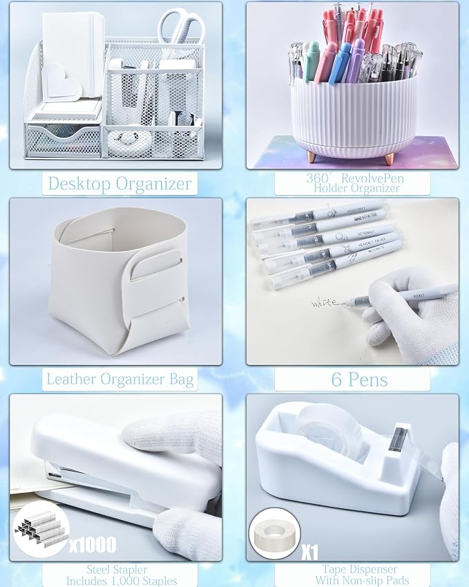 LXEVIHK 20Pcs White Desk Organizers and Accessories With Mesh Desk Organizer and 360°Rotating Pen Holder and a Lot of Office White Office Supplies Beautifully Presented in a Gift Box