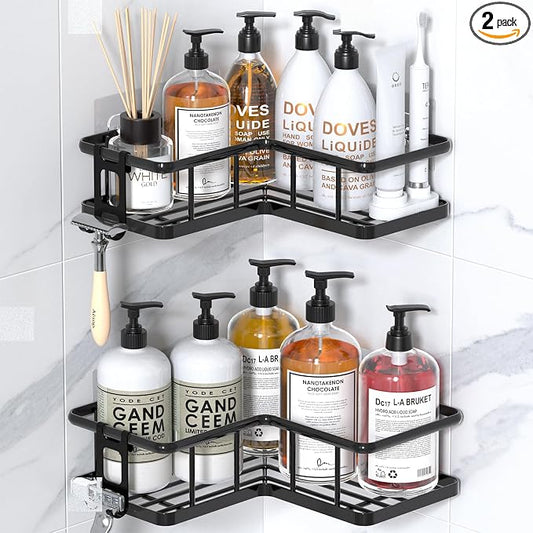 YASONIC Corner Shower Caddy Adhesive, 100% Rustproof Shower Organizer, No Drill Shower Shelf for Inside Shower, Wall-Mounted Shower Storage for Homes (2 Pack, Black)