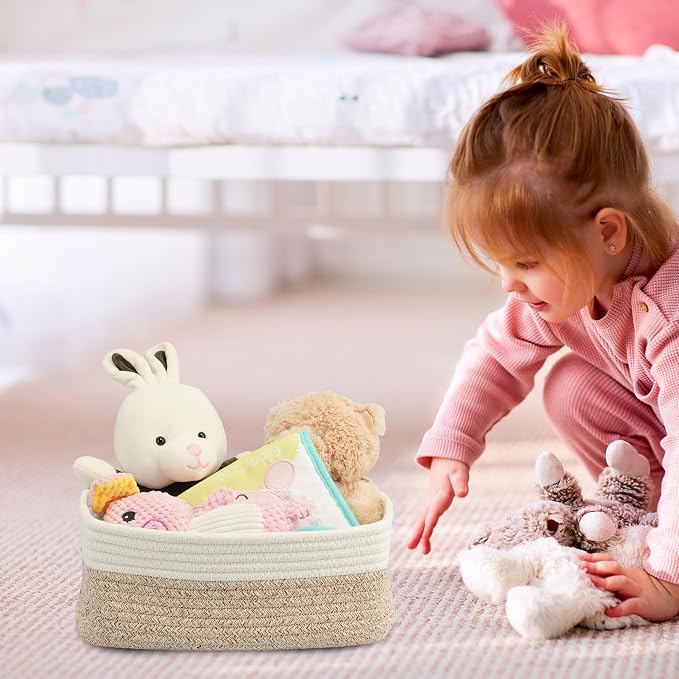 XUANGUO Small Woven Storage Baskets for Shelves, 13" x 9" x 5", White/Brown | Decorative rope storage bins for closets and toy storage; cute organizer baskets, empty gift baskets and nursery storage.