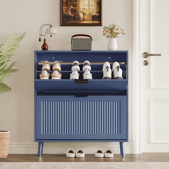 BORNOON Shoe Cabinet for Entryway with 2 Flip Drawers, Slim Wooden Shoe Storage Organizer with Modern Fluted Pannel，Freestanding Narrow Hidden Shoe Rack for Hallway, Foyer, Living Room
