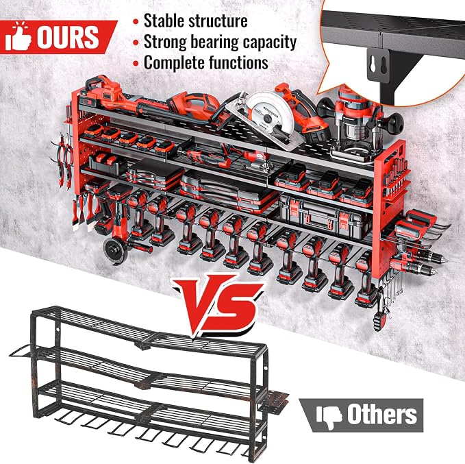 49.8" Power Tool Organizer Wall Mount,Holds 14 Cordless Drills | Large 4-Tier Tool Storage Rack, Heavy Duty 450 lb Load Capacity for Garage Workshop, Black, Gift for Men