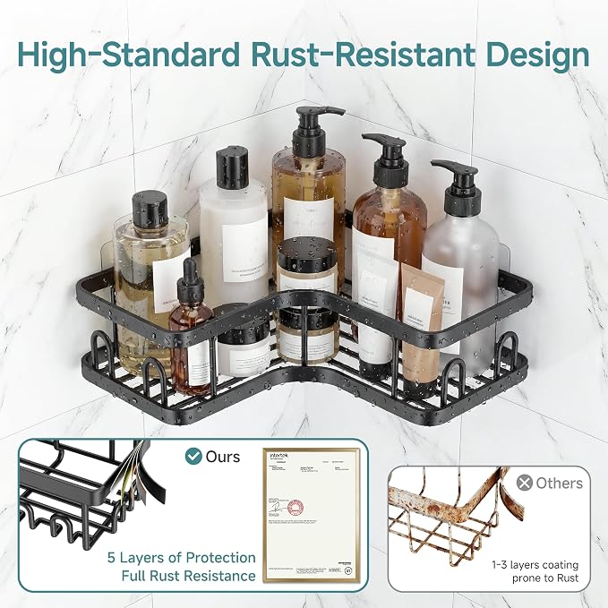Veken Corner Shower Caddy 3-Pack, Advanced Rustproof Design&Stable Storage | No Drilling Adhesive Shelves, Rack with Soap Holder & Hooks, Thickened Metal Frame, Bathroom Organizers and Storage, Blac