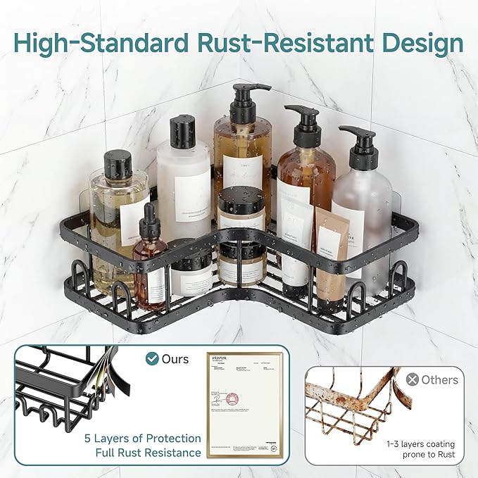 Veken Large Capacity Corner Shower Caddy 5-Pack, Advanced Rustproof Design | No Drilling Adhesive Shelves, Rack with Soap Holder & Hooks, Thickened Metal Frame, Bathroom Organizers and Storage, Black