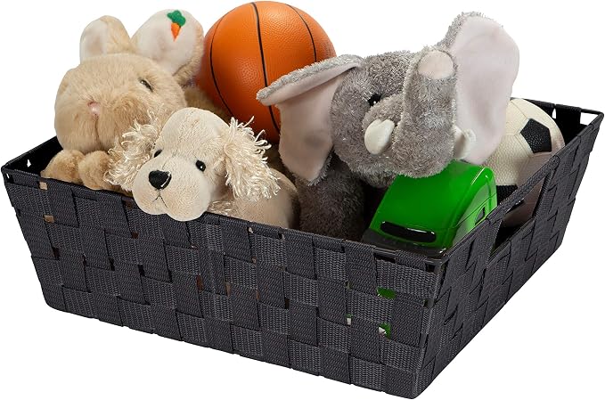 Simplify Large Shelf Woven Strap Tote | Decorative Storage Basket | Built in Handles | Organization | Closet | Bedroom | Bathroom | Nursery | Accessories | Toys | Gifts | 1 Pack | Black