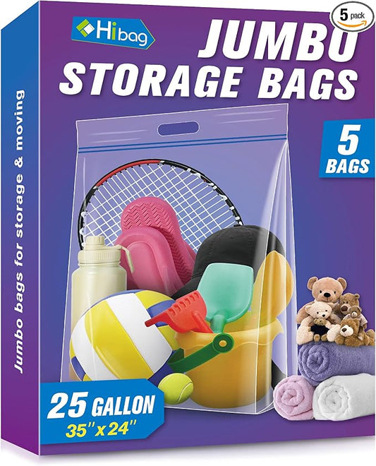 HIBAG 25 Gallon Jumbo Storage Bags, 35” x 24” Resealable Clear Bags with Handle, Extra Large XL Heavy Duty for Clothes Pillow Travel Moving, Pack of 5