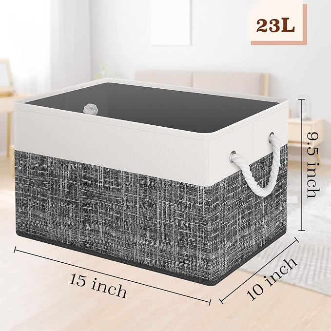 StorageTastic Storage Bin,Collapsible Storage Basket For Organizing, | Large Storage Boxes With Rope Handles,Storage Containers,White & Black,4 Pack