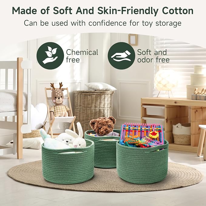 3 Pack Small Rope Storage Baskets, 9.82×9.82×7.1", Green | Cotton Basket for Gifts Empty, Cute Round Woven Basket, Decorative Shelf Basket Organizer, Organizing Basket for Shelves