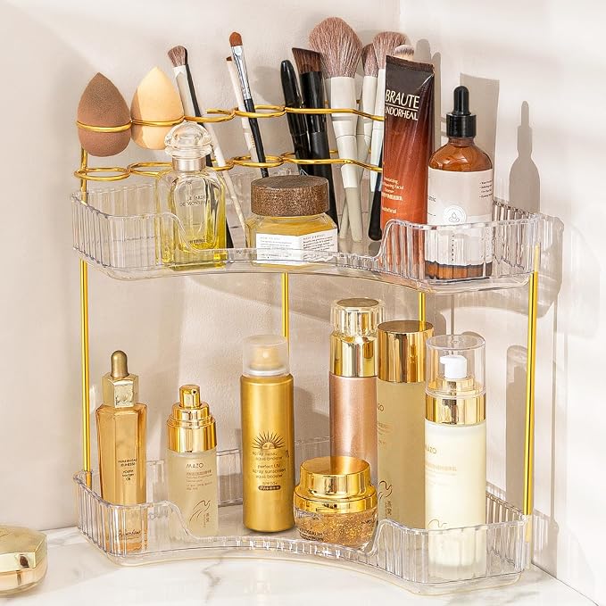 Makeup Organizer 2-Tier Bathroom Counter Organizer with Makeup Brush Holder | Corner Bathroom Organizer Countertop, Acrylic Counter Storage for Bathroom Dresser, Skincare Perfume Organizer-Clear