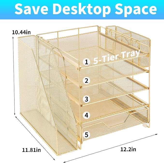 Desk Organizers and Accessories, 5-Tier Paper Letter Tray Organizer with File Holder, Drawer & Pen Holder, Office Desk Accessories, Desktop Organizer for Classroom Office Supplies, Gold