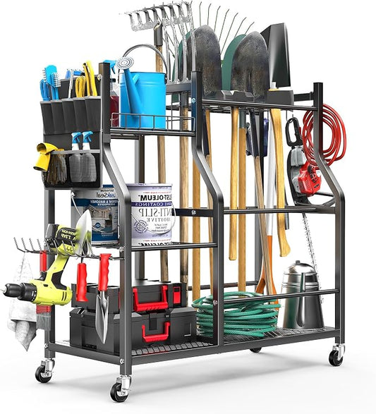 36" Large Garden Tool Organizer with Wheels & Side Tool Bag, 3 Tier Rolling Garage Storage Rack for Long Handled Rakes, Shovels, Brooms, Freestanding Yard Tools Cart for Shed & Outdoors