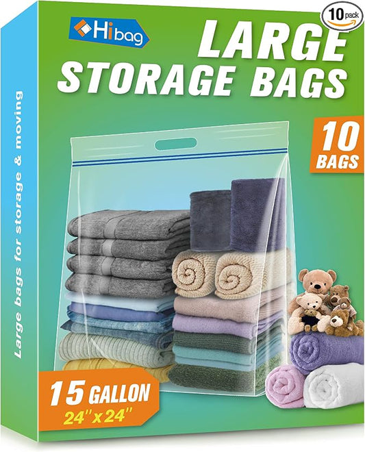 HIBAG 15 Gallon Large Storage Bags, 24” x 24” Resealable Clear Bags with Handle, Extra Large XL Heavy Duty for Clothes Pillow Travel Moving, Pack of 10