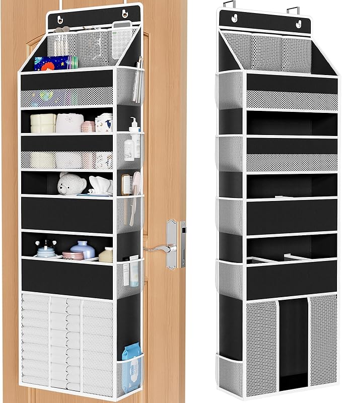 WISELIFE 5-Tier Over the Door Organizer for Nursery Hanging, Black | Multi-Pocket Back of Door Baby Organizer for Diapers, Clothes & Nursery Essentials, Heavy-Duty Large Capacity, 50 Lb Capacity