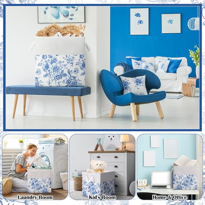 LemonRoad 6 Pcs Blue Floral Cube Storage Bins 13 Inch Square Storage Basket with Handle Preppy Girl Organizer Basket Collapsible Fabric Box for Classroom Bedroom Office Home Decoration Gift