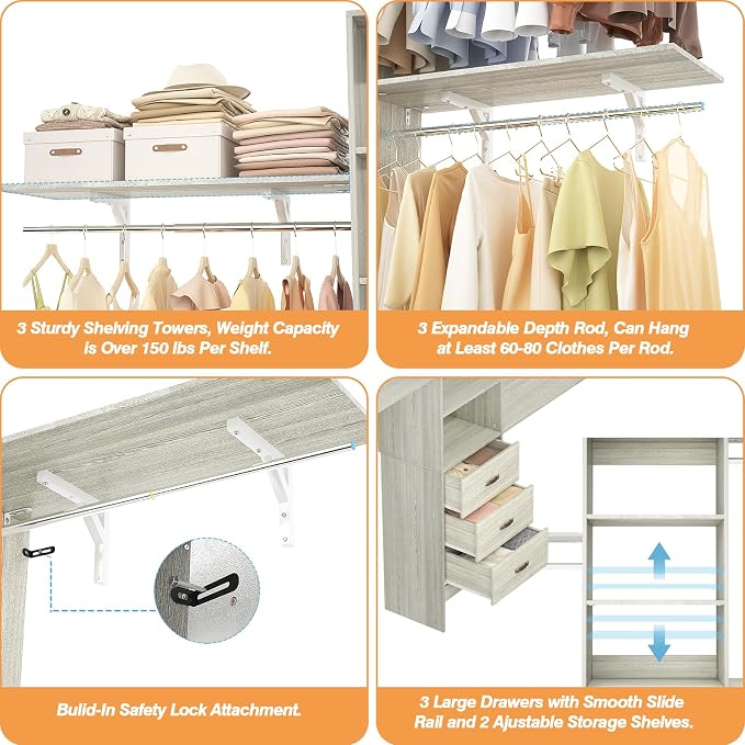 96" Wood Closet System with 3 Enclosed Drawers & 3 Solid Shelves, 8FT Adjustable Closet Organizers and Storage, Heavy Duty Modular Wardrobe for Reach-In & Walk-In, 1000 LBS Load, White Oak
