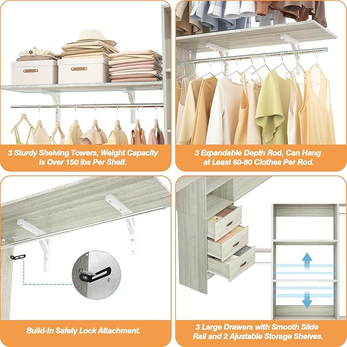 iSunirm 8FT Closet System, 96'' Closet Organizer System with 3 Hanging Rods, Wall Mount Bedroom Wardrobe with 3 Drawers Walk-in Closet, Adjustable Garment Rack from 5 to 8FT(Cut to Fit), White Oak
