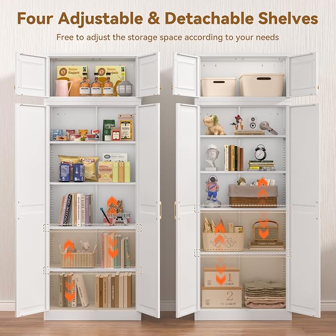 Polup 86" Tall Metal Kitchen Pantry Storage Cabinet with Doors and Shelves | Heavy-Duty White Cabinet, 4 Adjustable Shelving, Gold Handles, Magnetic Latch, for Dining Living Room, Bathroom & Garage