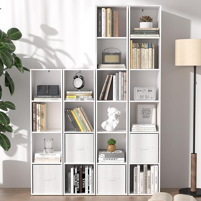 White Cube Shelf, 6 Cube Storage Organizer, 6-Tier Freestanding Low Bookshelf, Modern Cube Shelf for Living Room, Bedroom, Kids Toys, Home Office, Multi-Purpose Tall Cube Storage Furniture