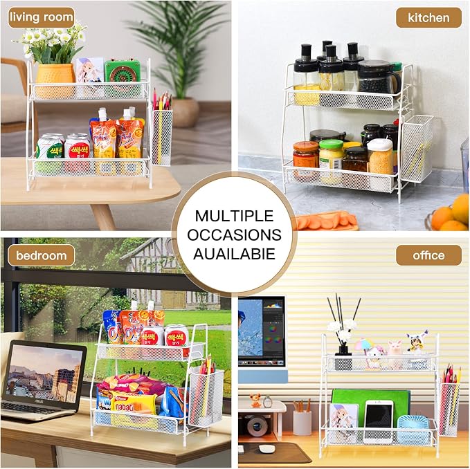 Countertop organizer for bathroom counter, bathroom organizers and storage, spice rack organizer for kitchen counter shelf with small basket(White)