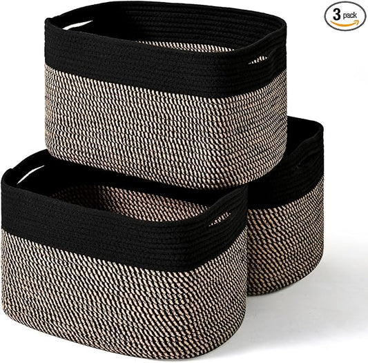 ICERZCZ Storage Baskets for Organizing Shelves, Toy Basket for Kid's Room, Woven Cotton Rope Basket for Decor, Organizing Baskets for Bedroom Living Room, 15"x11"x9.5", 3 Packs, Black & Jute
