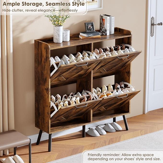 Nicetree Shoe Cabinet Storage for Entryway, Freestanding Shoe Storage Cabinet, Farmhouse Narrow Shoe Rack Cabinet for Entryway, Foyer, Hallway, Shoe Cabinet 4 Flip Drawers