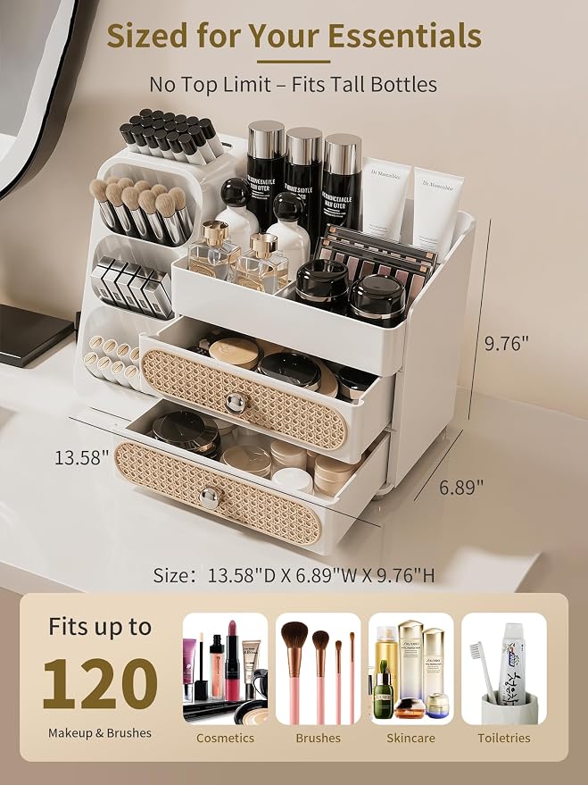 Booklov Large Makeup Organizer for Vanity Countertop, White | Plastic Cosmetic Display Case with Drawers, Beauty Brush Holder for Bathroom Counter, Skin Care Perfumes Storage