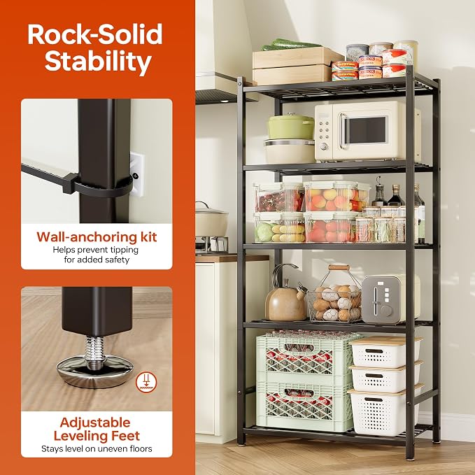 Storage Shelves, 5-Tier Metal Shelving Unit with 120 lbs Per Shelf, Leveling Feet, Storage Rack for Garage, Kitchen, Pantry, Closet, 24" x 11.8" x 61.1", Black