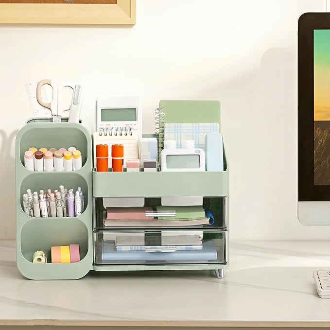 HBlife Desk Organizer with Pen Pencil Holder for Desk, Pen Organizer with 2 Drawers, Desk Organizers and Accessories with 4 Compartments, Desktop Storage for Office Home School Art Supplies, Green