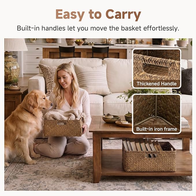 StorageWorks Large Wicker Baskets for Storage, Woven Baskets for Storage | Seagrass, Pantry Shelves, Kitchen Closet, Laundry, Bathroom, Table, Decorative, Book, Towel, Blanket, Toy, Medium, Handle