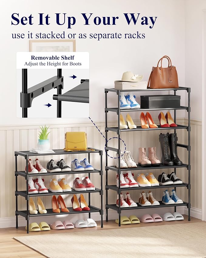 Kitsure Shoe Rack - Non-Woven Shoe Rack Shelf, Shoe Organizer for Closet, Entryway, Garage & Corridor, Stackable Shoe Shelves, X-Large, Black | Shoe Organizer for Closet, Entryway, Garage, Stackable Shoe Shelves, college dorm&apartment essentials