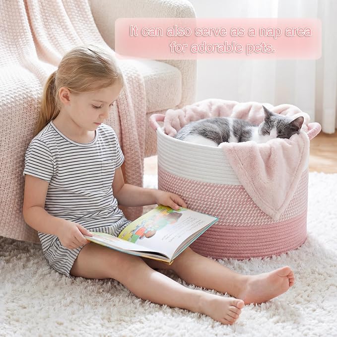Artfeel 100L Large Cotton Rope Basket, Decorative Woven Blanket Storage for Living Room, Boho Toy Storage & Toy Box for Kids, Versatile Laundry Basket & Nursery Hamper for Blankets(Pink)