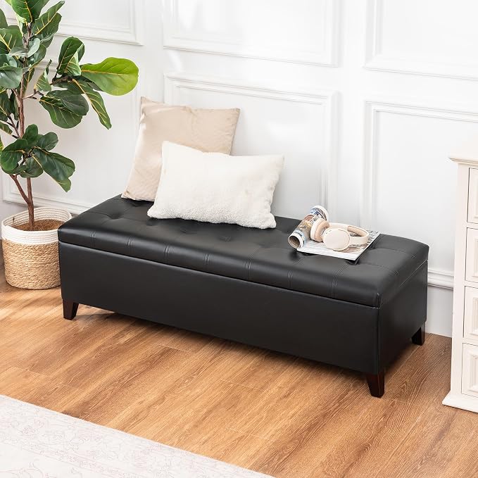 Black Ottoman with Storage Faux Leather Storage Ottoman Bench | 51 Inch Upholstered End of Bed Ottomans with Hinged Lid, Rectangle Long Foot Rest Bench for Entryway Living Room Bedroom