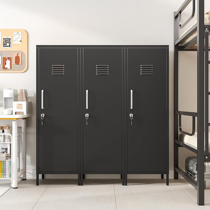 PAOFIN 47" Metal Storage Locker, Lockable Employees Metal Locker with Door and Adjustable Shelves, Steel Locker for Home, School, Office, Gym (Black)