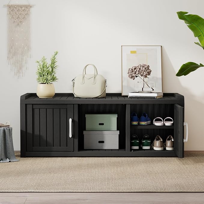 2-Tier Storage Bench, Waterproof UV-Resistant Outdoor Shoe Storage Cabinet with 2 Doors & Adjustable Shelves for Indoor Outdoor Entryway, Hallway, Living Room(Black)