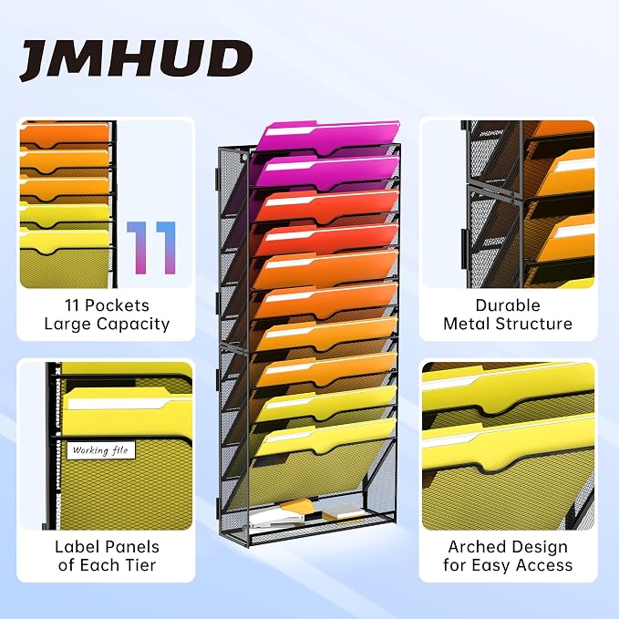 2-Pack 11-Tier Wall File Organizer with Base and Hooks, Black | Wall Organizer and Wall File Holder with 11 Vertical Pockets and Bottom Tray for Files, Mail, Folders, Magazines and Paper