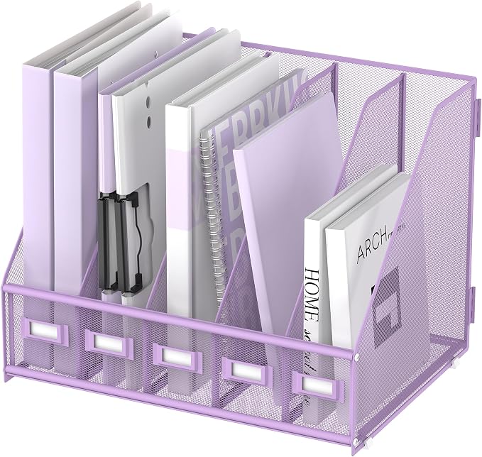 SUPEASY Desk Organizers Metal Desk Magazine File Holder with 5 Vertical Compartments Rack File Organizer for Office Desktop, Classroom, Home Workspace, Purple
