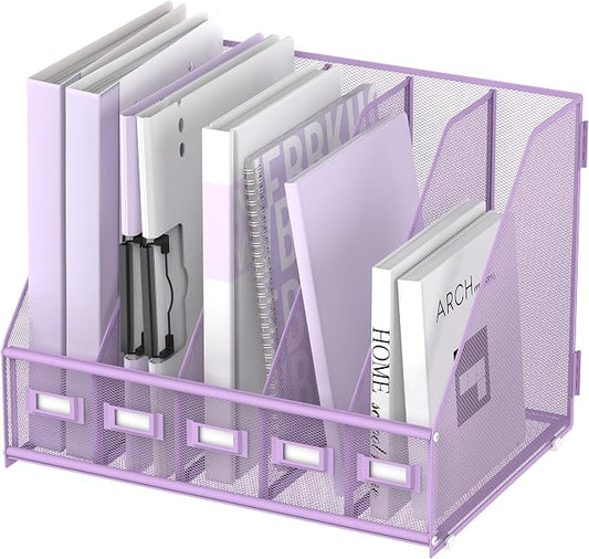 SUPEASY Desk Organizers Metal Desk Magazine File Holder with 5 Vertical Compartments Rack File Organizer for Office Desktop, Classroom, Home Workspace, Purple