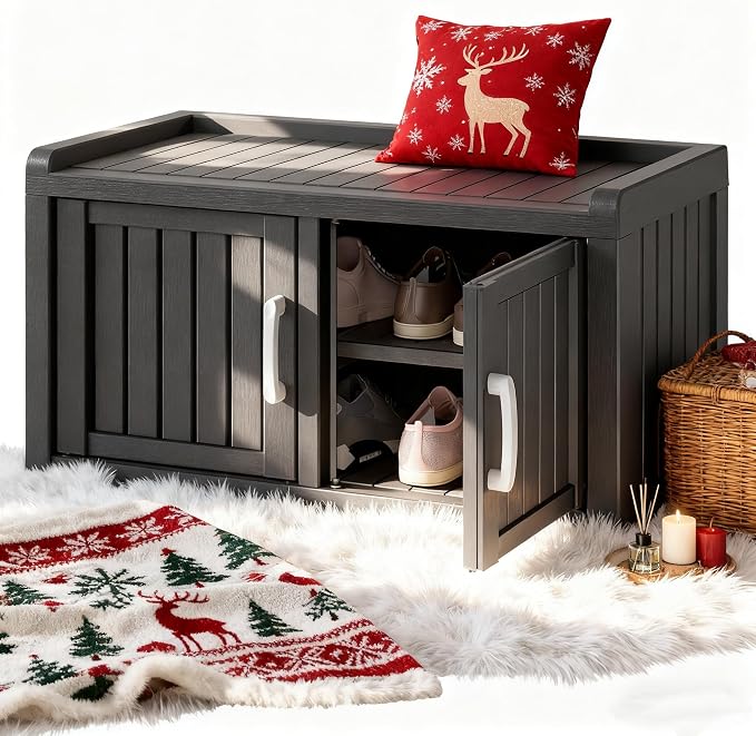 Outdoor Shoe Storage Cabinet, Waterproof UV-Resistant Entryway Storage Bench Indoor Outdoor with 2 Barn Doors, Adjustable Shelves for Entryway, Bedroom, Hallway,Living Room(Classic Black)