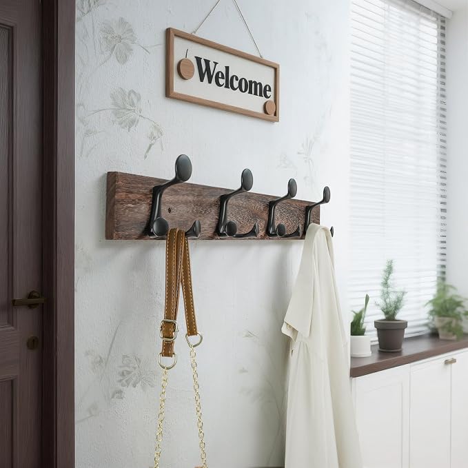 WEBI Coat Rack Wall Mount,24" Solid Wood Coat Hooks Wall Mounted Coat Hanger,16" Hole to Hole,Heavy Duty Hook Rack Rail,4 Triple Hooks for Hanging Coats,Jacket,Clothes,Hat,Backpack,Weathered Brown