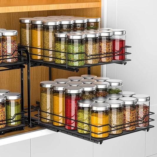 RCHYFEED 2 Tier Pull Out Spice Rack Organizer for Cabinet,9.5" Wx10.5Dx9.5H | Height Adjustable Spicy Shelf Metal Sliding Out Spice Rack Heavy Duty Vertical Spice Shelf for Inside Cabinets & Pantry