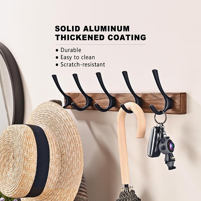 2 Pack 17.3" Small Walnut Wood Coat Rack Wall Mount with 5 Hooks, Heavy Duty Wooden Jacket Hanger Door Mounted for Decorative Entryway and Bathroom Hanging Towel Backpack Purse Clothes Hat Key