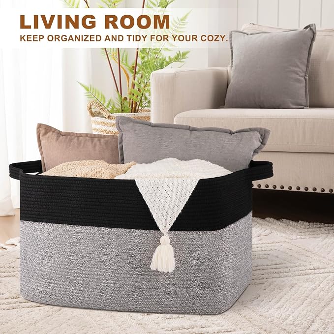 Extra Large Laundry Basket, 95L Blanket Basket for Living Room, Cotton Rope Toy Storage for Kids, Woven Storage for Clothes, Towels, Pillows, 24" x 17" x 14", Pink and White