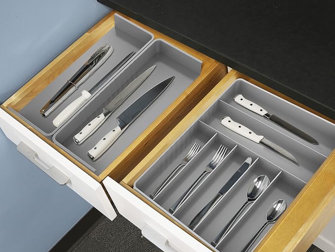 Simple Houseware Expandable Kitchen Drawer Flatware Organizer, Gray | Expandable Kitchen Drawer Flatware Organizer, Gray – Adjustable Cutlery Tray with 9 Compartments for Utensils and Silverware
