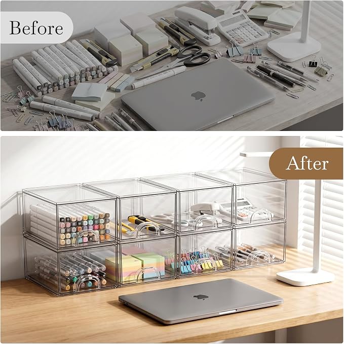 8 Pack Small Clear Stackable Acrylic Storage Boxes for Art Tool & Sketch, Storage Drawers, Storage Organizer, Clear Plastic Makeup Organizer, Ideal for Vanity, Cabinet, Desk Organization